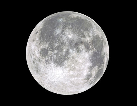 Full moon isolated on black background.	Image in high resolution. Bright lunar satelite.