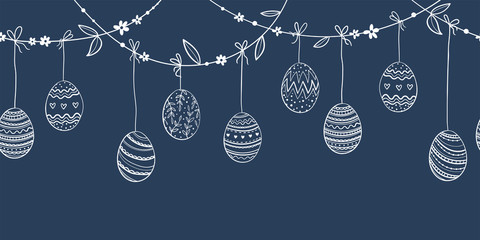 Cute hand drawn hanging easter eggs horizontal seamless pattern, fun garland, great for textiles, banners, wallpapers, easter cards and wrapping - vector design