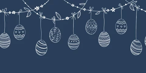 Fotobehang Cute hand drawn hanging easter eggs horizontal seamless pattern, fun garland, great for textiles, banners, wallpapers, easter cards and wrapping - vector design © TALVA