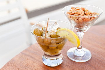 Complimentary appetizer in a bar, close up photo