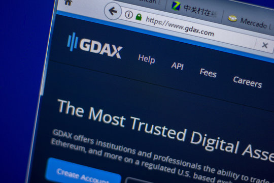 Ryazan, Russia - June 05, 2018: Homepage of Gdax website on the display of PC, url - Gdax.com.