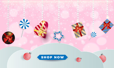 Holidays banner layout design template graphic abstract background with gifts. Vector illustration