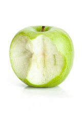 One bited green apple fruit on white background