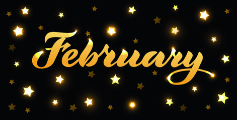 February - vector lettering of hand drawn.  Gold illustration with gold stars on black background.  EPS 10