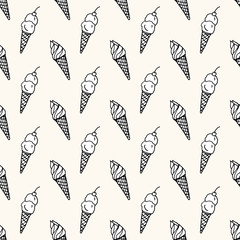 Seamless vector pattern with monocrome ice cream on cone with cherry. Can be used for wallpaper, pattern fills, web page background