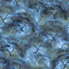Watercolor seamless pattern with vintage pattern. Silhouette of a tree, bush, forest. Beautiful, fashionable pattern for wallpaper, fabrics,  design.  blue, purple winter, night trees