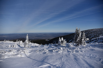 Winter panorama of Karkonosze Mountains, Poland.