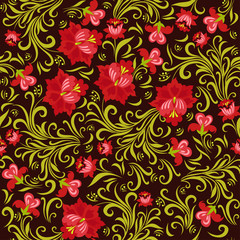 Seamless pattern with flowers in russian style. Vector graphics.