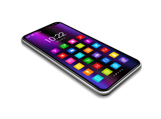 All screen smartphone with colorful icon set isolated on white. 3D render