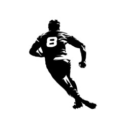 Fototapeta na wymiar Rugby player running with ball, rear view, isolated vector silhouette. Ink drawing
