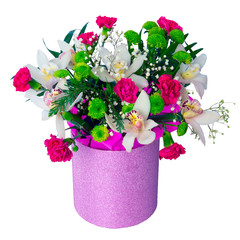 Pink round hat box of different flowers - arrangement of white Orchid, red Carnation, green Chrysanthemum, isolated on white background. - 317497814