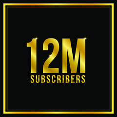 12 Million followers or subscribers achievement symbol design, vector illustration. Gold coat effect.