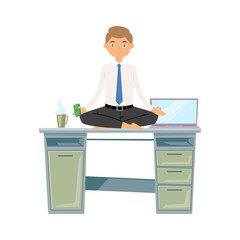 Business man meditation, keep calm and relax with money zen balance lotus yoga vector illustration. Caucasian business man meditating on computer desk trying to keep calm under stress pressure.