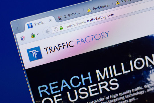 Ryazan, Russia - June 16, 2018: Homepage of TrafficFactory website on the display of PC, url - TrafficFactory.com.