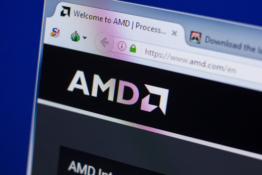 Ryazan, Russia - June 16, 2018: Homepage of AMD website on the display of PC, url - AMD.com.