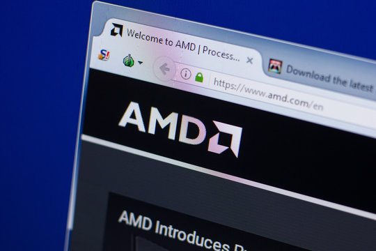 Ryazan, Russia - June 16, 2018: Homepage of AMD website on the display of PC, url - AMD.com.