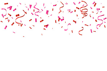 Many Falling Red And Pink Tiny Confetti With Ribbon Isolated On White Background. Vector
