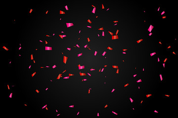 Many Falling Red And Pink Tiny Confetti With Ribbon Isolated On Black Background. Vector