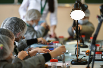 interior of the dental office. Dentists tools in a modern class at a medical university. pupil out of focus
