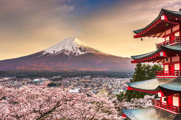 Fujiyoshida, Japan with Mt. Fuji and Chureito Pagoda