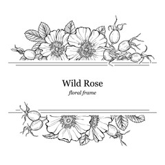 Wild rose flowers and berries frame, line art drawing. Floral border template with dog rose boquets. Vector illustration