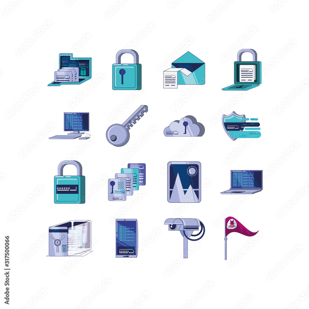 Poster icon set of security system vector design