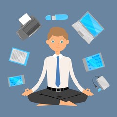 Business man office meditation, relax with office electronic gadgets around zen balance lotus yoga vector illustration. Caucasian business man meditating in office to keep calm under stress pressure.