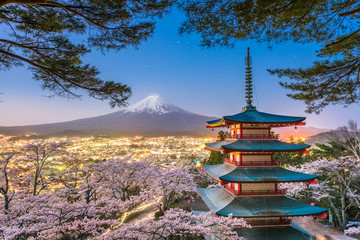 Fujiyoshida, Japan with Mt. Fuji and Chureito Pagoda