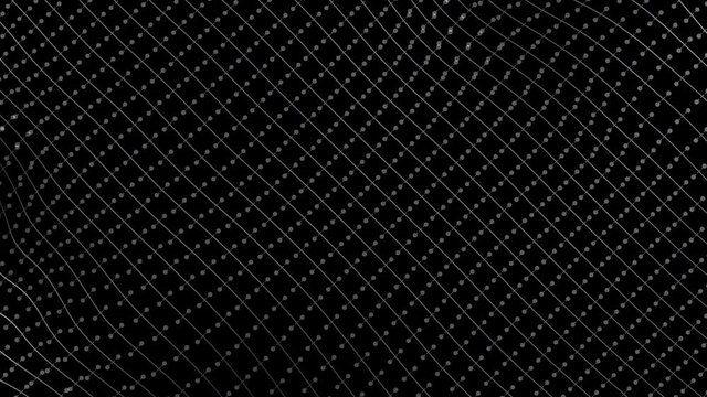 Black textured abstract minimal background of a geometric grid of lines and dots pattern in motion, bending in a curved, smooth wave