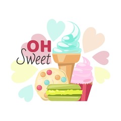 Ice cream dessert and oh sweet text vector illustration. Cafe or sweets shop banner design. Cartoon waffle cups with ice cream and hearts isolated on white, typography.