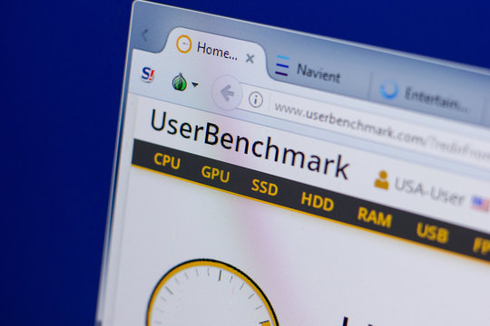Ryazan, Russia - June 16, 2018: Homepage of UserBenchmark website on the display of PC, url - UserBenchmark.com.