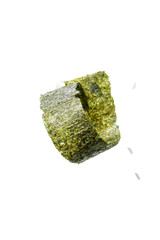 top view of twisted nori seaweed piece and rice isolated on white