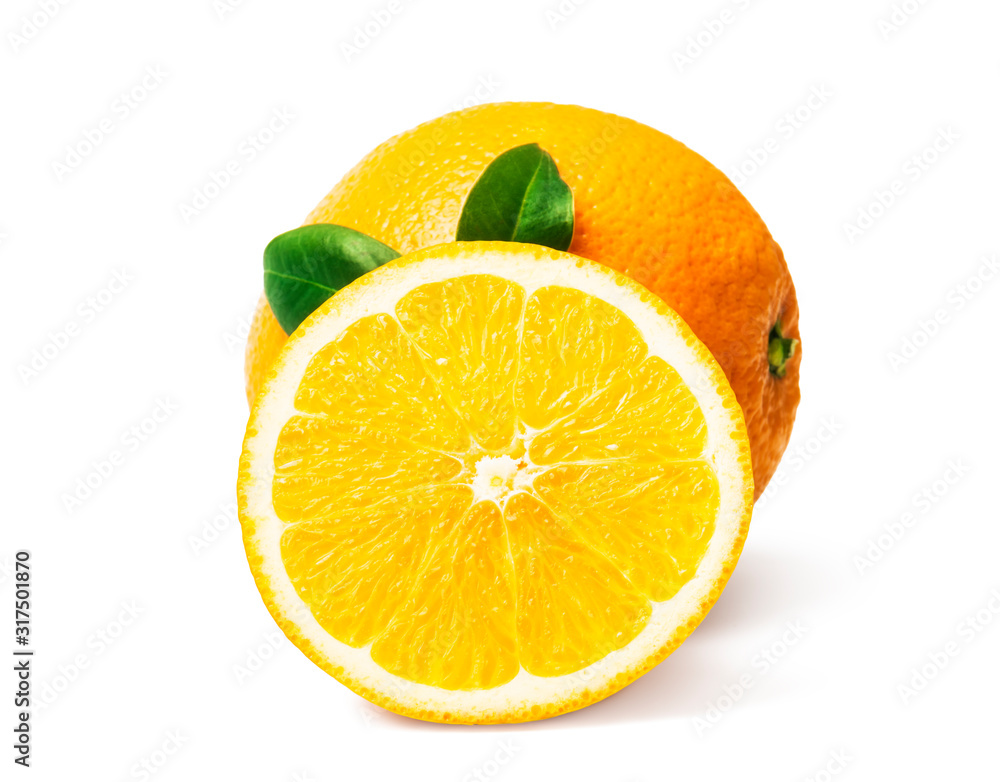 Wall mural orange fruit with orange slices and leaves isolated on white background.