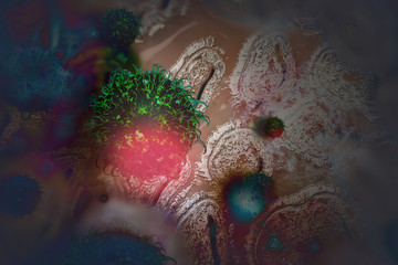 Obraz na płótnie Canvas Human Coronaviridae Virus, flu, view of a virus under a microscope, Viral disease outbreak. Infectious disease. 3d rendering