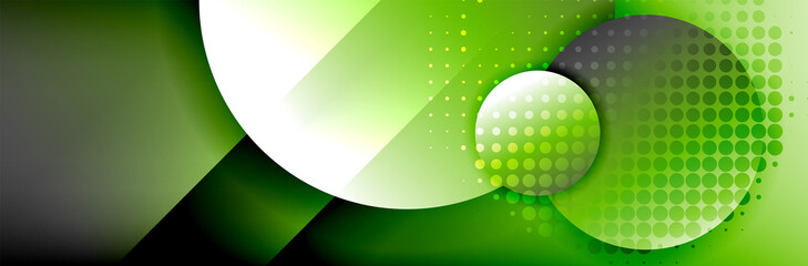 Dynamic trendy geometrical abstract background. Circles, round shapes 3d shadow effects and fluid gradients. Modern overlapping round forms