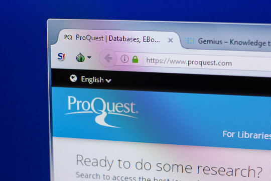 Ryazan, Russia - June 16, 2018: Homepage of ProQuest website on the display of PC, url - ProQuest.com.