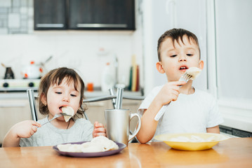 Children, brother and sister eat dumplings very cute and funny