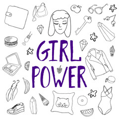 Girl power square vector grunge lettering in block letters isolated on white with black outline drawings in doodle style: accessories, snacks, cosmetics, girls portrait.