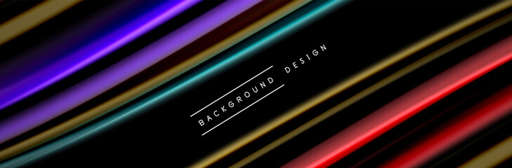 Silk and smooth flow wave poster design. Color waves, liquid style lines and shapes in black color background