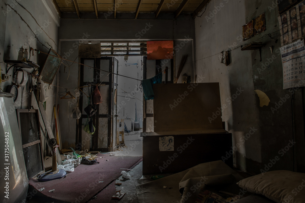 Wall mural Abandoned house interior to deteriorate over time, Abandoned house, Destroyed house, Ruined house.