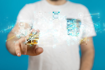 Businessman pressing document icon over computer binary code