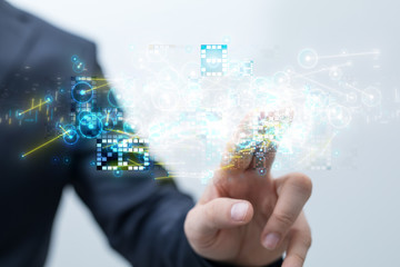 Businessman pressing document icon over computer binary code