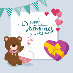 happy valentines day with teddy bear and decoration
