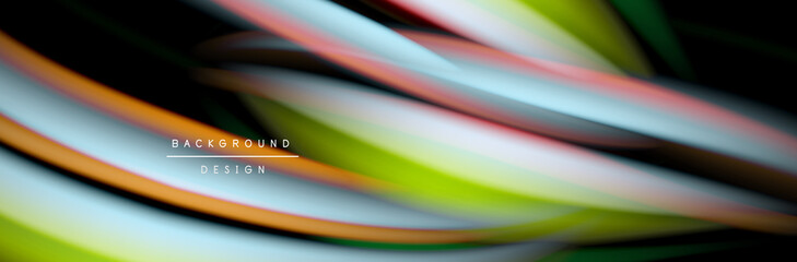 Сolorful flow poster. Wave liquid lines and shapes in black color background. Vector Illustration