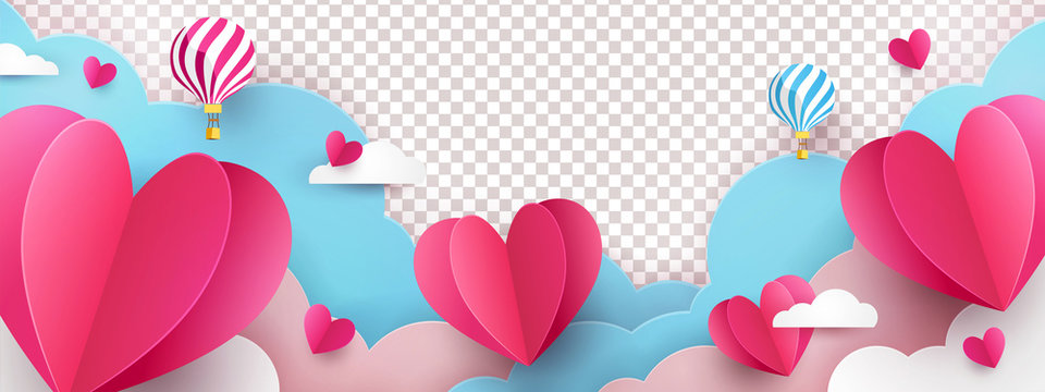 Valentine’s Day modern border frame design for Website, greeting or Sale banner, flyer, poster in paper cut style with cute flying Origami Hearts over clouds with air balloons isolated on background.