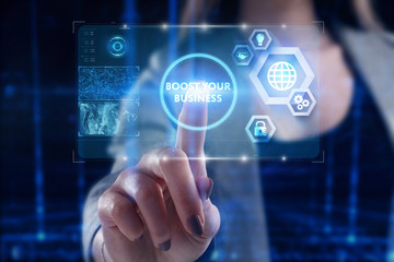 Obraz premium Business, Technology, Internet and network concept. Young businessman working on a virtual screen of the future and sees the inscription: