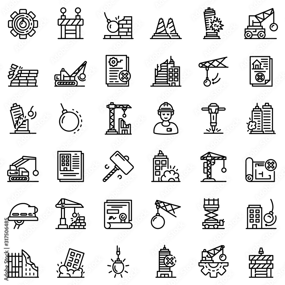 Poster demolition work icons set. outline set of demolition work vector icons for web design isolated on wh