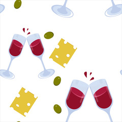 Seamless vector pattern of red wine in glasses with splashes of drink, slices of cheese and olives on a white background. Modern flat style. Colorful vector background for packaging paper, textiles