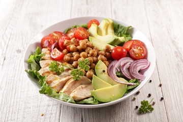 health food, buddhal bowl, vegetable salad with grilled chicken