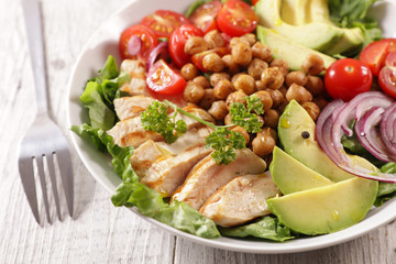 health food, buddhal bowl, vegetable salad with grilled chicken
